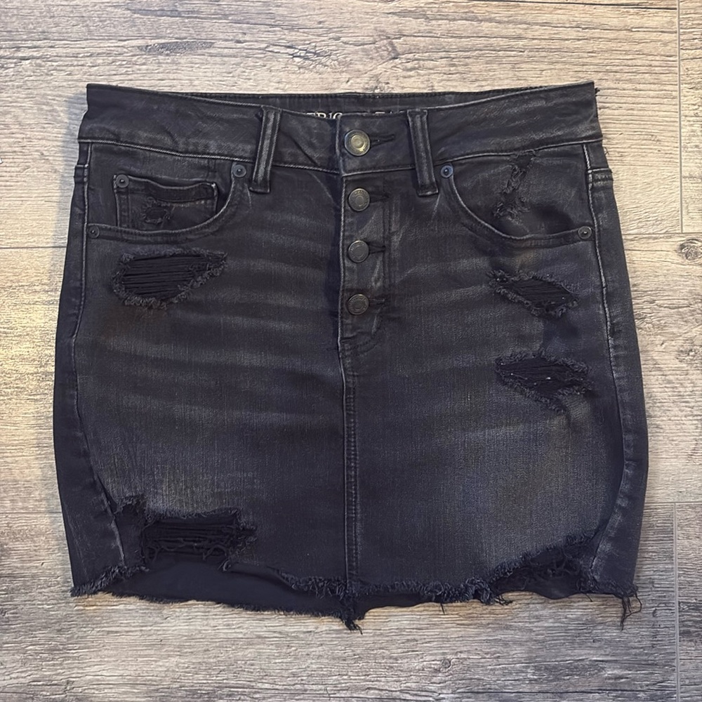 AE Button Up Super Stretch Black Mini Skirt